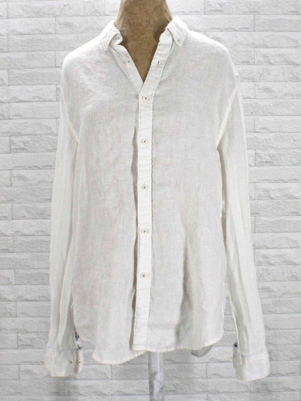 DENIM & FLOWER Shirt Linen Button Down Long Sleeve Classic Men's White Large